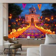 1pc Halloween Backdrop, Day Of The Dead Church Night, Wall Decoration Banner, Suitable For Living Room, Party Venue, Youth Room, Yard Decoration, Suitable For Halloween Party, Day Of The Dead Gathering - A - View 5