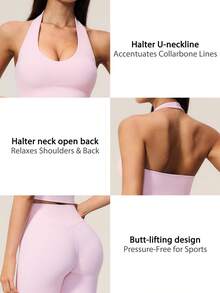 TimeOff Setelan Olahraga Wanita Satu Set Warna Polos, Atasan Tank Top Halter V-Neck Pendek & Celana Panjang Sedang Pinggang Tinggi - Berwarna merah muda - View 4