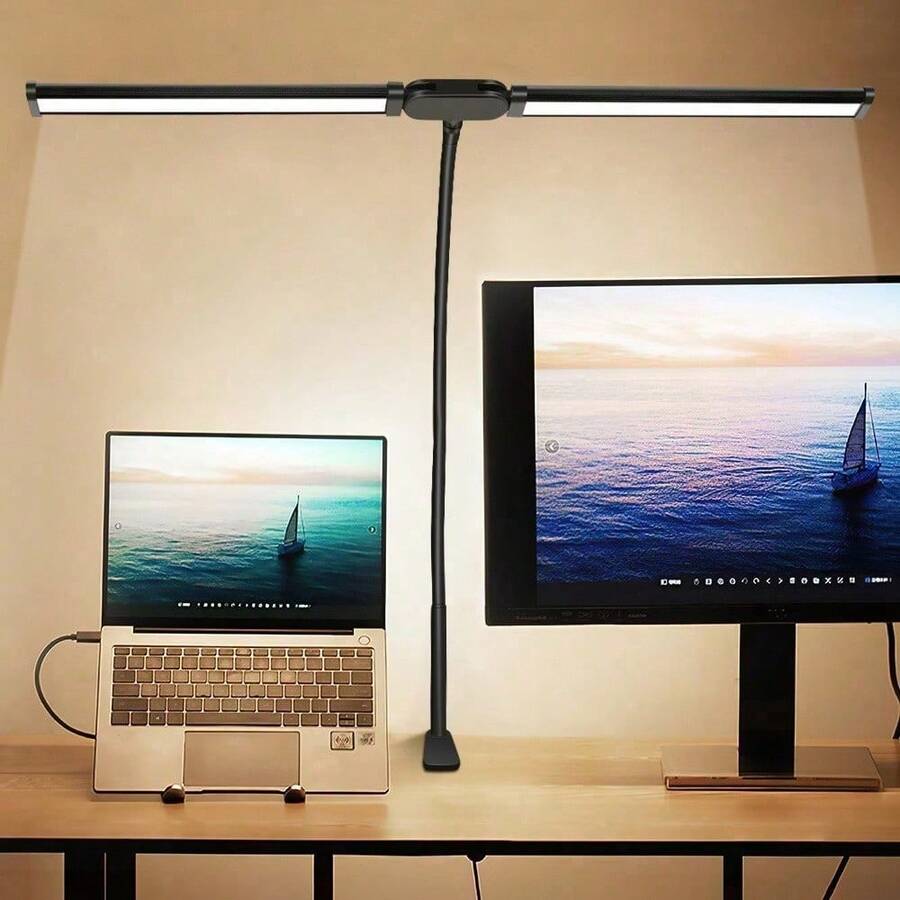 Dual Head Clip On LED Desk Lamp, Flexible Gooseneck USB Screen Monitor Light, 3 Color Temperature Dimmable Reading Light, Portable Clip Lamp For Office Drawing Study Computer Work