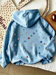 Young Girl Cartoon Pattern Warm Hooded Sweatshirt - Blue - View 2