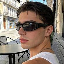 1pc Men's Glossy Wrap-Around Rectangular Fashion Glasses, Retro Thin Black Frame Travel Beach Daily UV Protection Fashion Glasses - Multicolor - View 3