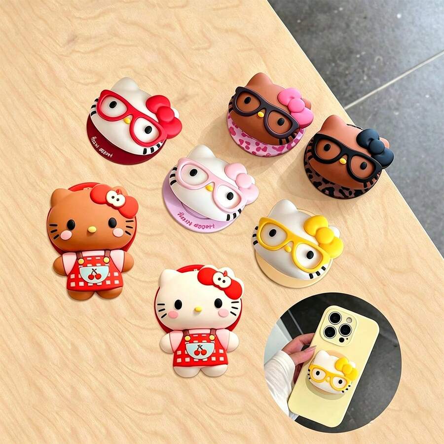 SANRIO 新款 3D 矽膠小貓豹紋眼鏡 KT 磁吸手機殼支架,防摔桌面支架,強磁吸附與伸縮設計,磁吸手機殼支架 - 彩色 - 查看 1