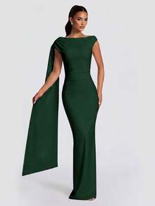 Solid Color Elegant Ruffle Zipper Pleated Dress For Beach - Dark Green - View 6
