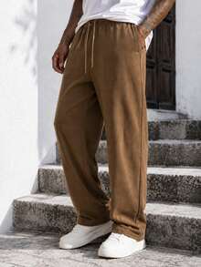 Men's Casual Faux Suede Wide-Leg Drawstring Pants, Loose Fit Elastic Waist Straight-Leg Trousers For Fall & Winter - Brown - View 1
