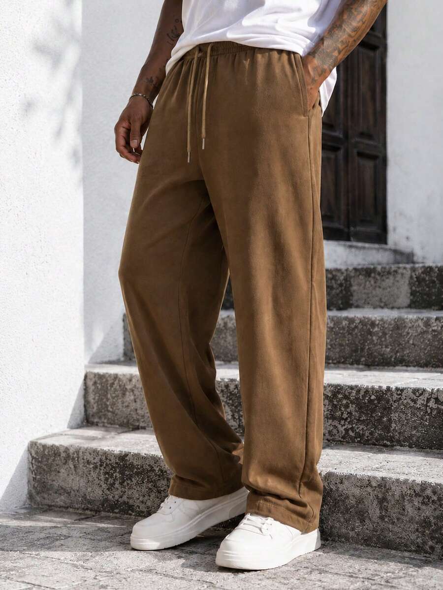 Men's Casual Faux Suede Wide-Leg Drawstring Pants, Loose Fit Elastic Waist Straight-Leg Trousers For Fall & Winter - Brown - View 1