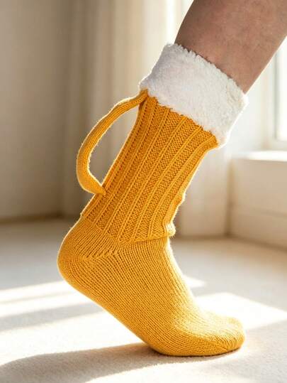 1 Pair Creative Shaped Knitted Mid-Calf Socks, Thick White Plush Cuffed With 3D Handle, Funny Quirky Home Warm Floor Socks, Unisex Gift Personalized Sleeping Socks, Autumn/Winter Knitted Floor Socks, Warm Mid-Calf Socks, Suitable For Party, Celebration, Holiday