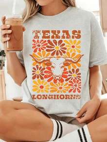 Texas Longhorns College Floral T-Shirt,UT Longhorn  Tee,College Game Day Shirt,Austin Texas College Chirt,Hook Em Horns Gift Comfortable,Loose-Fitting - 灰色 - 查看 15