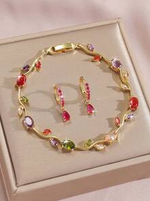 3pcs/Set 18K Gold Plated Luxury Dreamy Colorful Zirconia Tulip Flower Vine Pendant Bracelet And Water Drop Earrings, Women's, Summer Beach Mom Gift, Wedding Decoration Jewelry, Daily Party Birthday Valentine's Day Gift - Gold - View 2