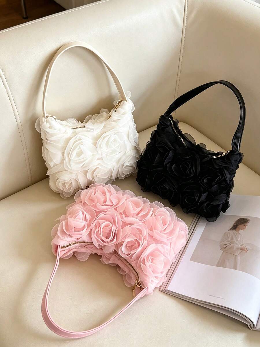 Girl's 3D Floral Handbag, Zipper Closure Rose Petal Clutch Bag, Evening Small Bag Suitable For Party, Gathering And Daily Use - A - View 1