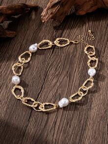 1pc French Chic Vintage Jewelry Necklace, Metal Chunky Chain With Faux Pearls, Versatile For Street Style, Parties And All Occasions Throughout The Seasons - Yellow Gold - View 3