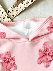 Tween Girl Cartoon Print Warm Hooded Sweatshirt - Pink - View 6