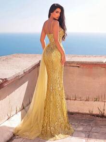 Faeriesty Haute Glamour Sheer Overlay Slit Thigh Beaded Formal Spaghetti Strap Evening Gown Yellow Wedding Party Fall - Yellow - View 3