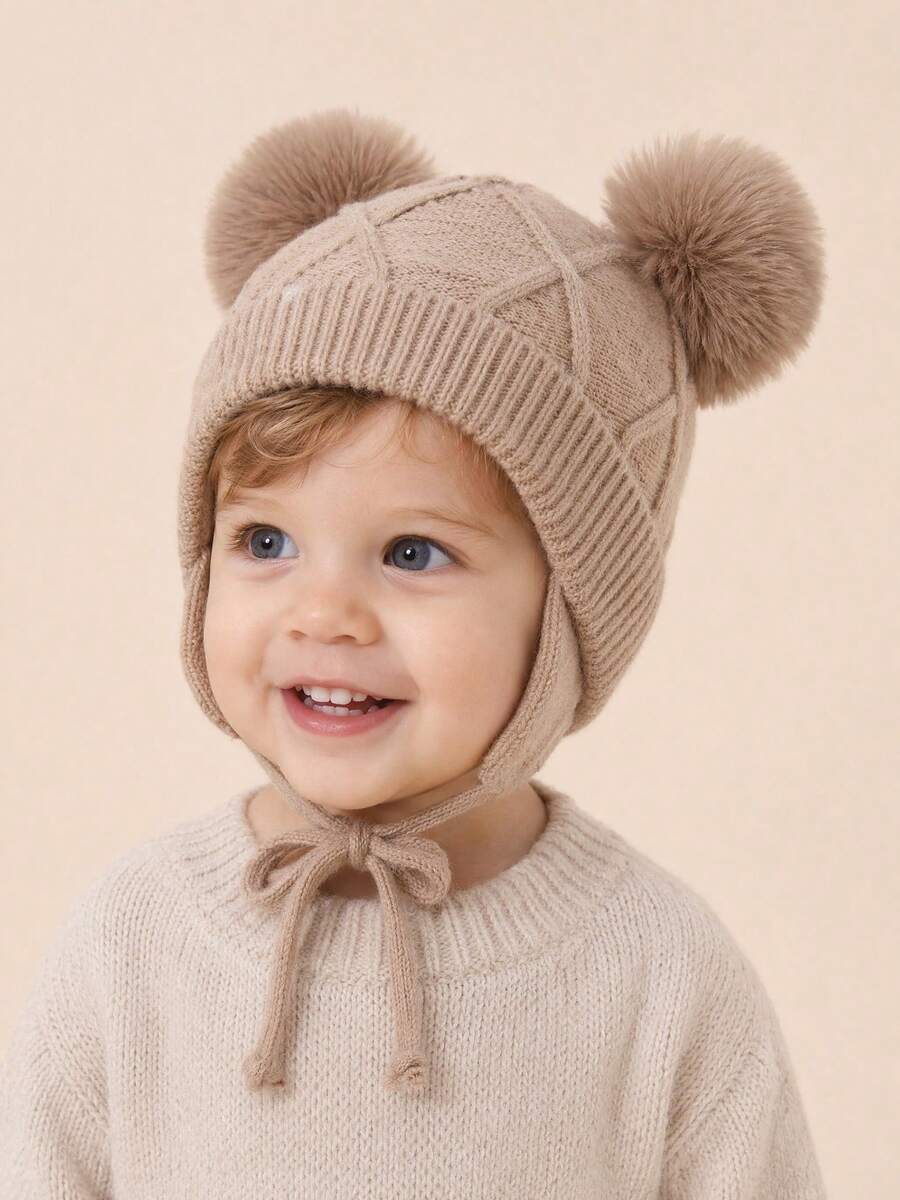 1pc Children's Double Pom Pom Versatile Cable Knit Solid Color Ear ...