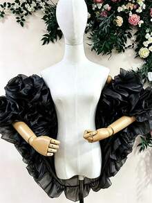 歐美風新娘浪漫披肩，優雅3D玫瑰重工刺繡婚紗配件，遮臂短披肩 - 黑色 - 查看 2
