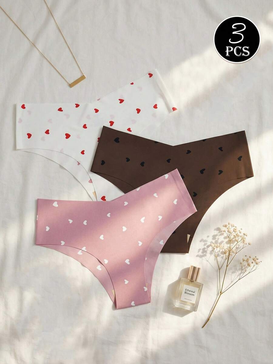 GYEY 3pcs Women's Heart Print Seamless Triangle Panties, One-Piece Laser Cut Invisible Romantic Girly Skin-Friendly Underwear