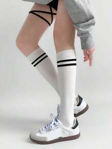 2 Pairs Women's Striped Contrast Color Sports Compression Calf Socks, Preppy Sweet Versatile Japanese Style Knee-High Socks, Comfortable And Breathable, Suitable For Spring, Summer And Autumn - Multicolor - View 4