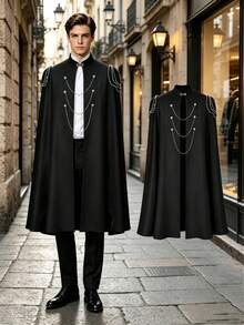 Black Vintage Gothic Cloak, Pearl Chain Decor Stand Collar Open Slit Design, Elegant Mysterious Slimming Outerwear, Suitable For Halloween Masquerade, Gothic Party, Medieval Theme Events, Showcasing Unique Charm And Sophistication - Black - View 1