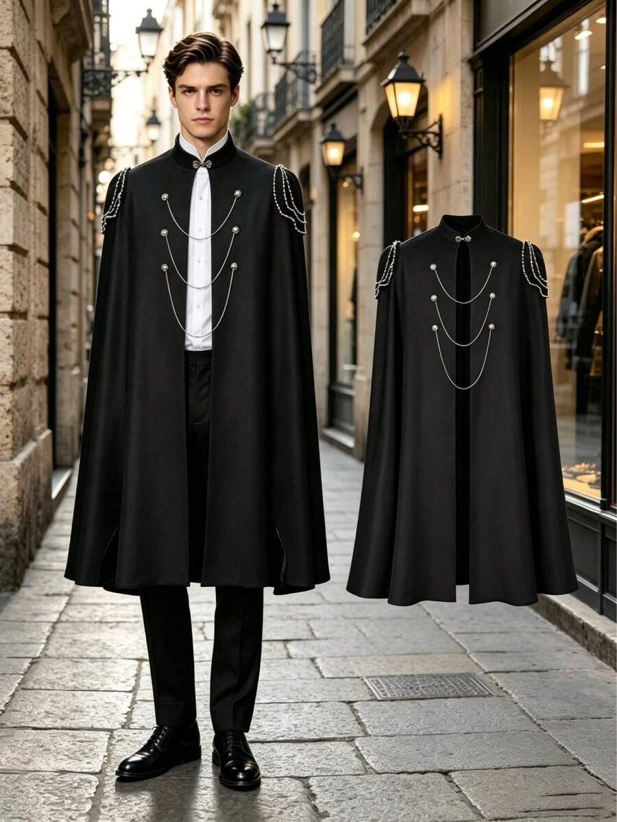 Black Vintage Gothic Cloak, Pearl Chain Decor Stand Collar Open Slit Design, Elegant Mysterious Slimming Outerwear, Suitable For Halloween Masquerade, Gothic Party, Medieval Theme Events, Showcasing Unique Charm And Sophistication - Black - View 1