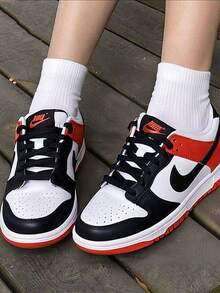 Nike Dunk Versatile And Comfortable Retro Casual GS Sneakers In White, Black, And Orange. - White, Black, Orange - View 1