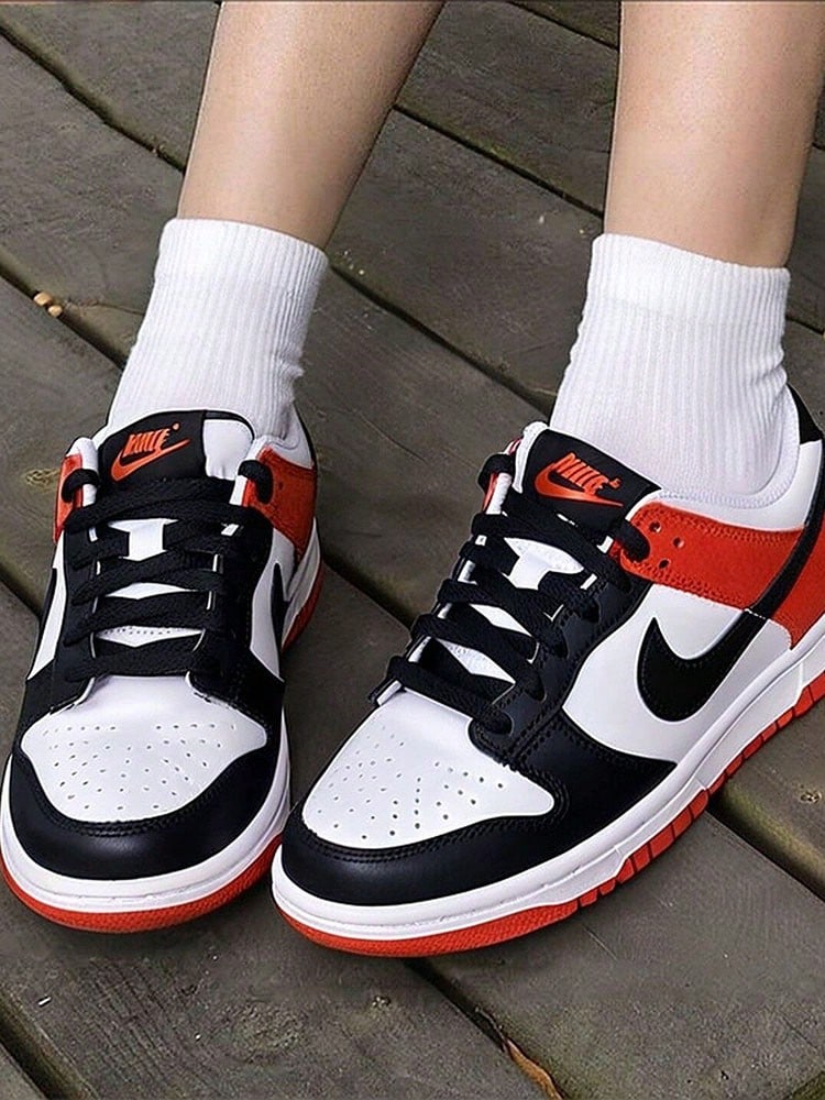 Nike Dunk Versatile And Comfortable Retro Casual GS Sneakers In White, Black, And Orange. - White, Black, Orange - View 1