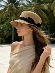 1pc Women's Bohemian Fashion Straw Bow Equestrian Hat, Sun Protection Summer Beach Hat, Suitable For Vacation, Daily Wear And Beach - Multicolor - View 3