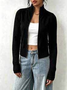 Women's Fitted Long Sleeve Knit Cardigan, Minimalist Commuter Style, Autumn Casual Black Fall - Black - View 5