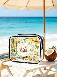 新款防曬主題印花 PVC 防水盥洗包，PVC 沙灘包，清新手繪太陽與防曬設計，夏季防曬護理收納禮品，拉鍊式 PVC 旅行收納包，輕量耐褪色女款與女孩化妝盥洗包，TSA 認證便攜化妝包 - 彩色 - 查看 5