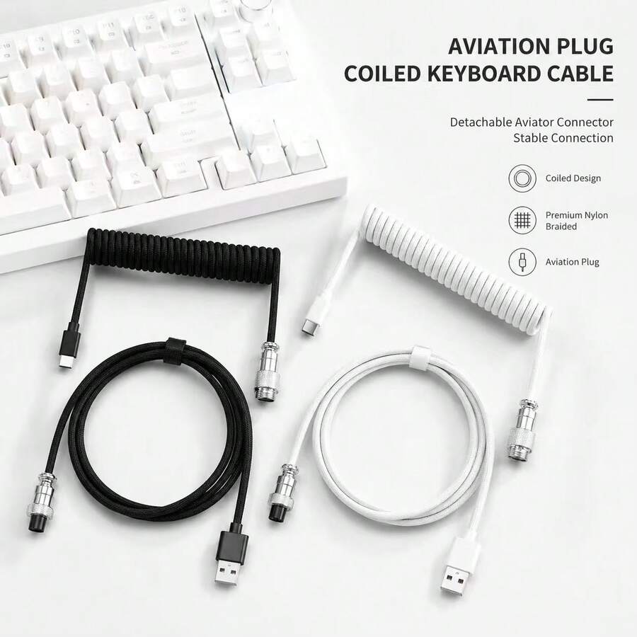 70.87 Inch Stretchable Spiral Keyboard Cable With Detachable Metal Aviation Plug, Double-Layer Braided Durable Type-C To USB-A Cable, Suitable For Mechanical Gaming Keyboards - View 1