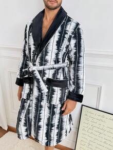 Men's Striped Casual Thermal Lined Open Front Robe With Belt, Shawl Collar, Loose Fit, British Gentleman Style Flannel Loungewear, Autumn/Winter - Dark Grey - View 1