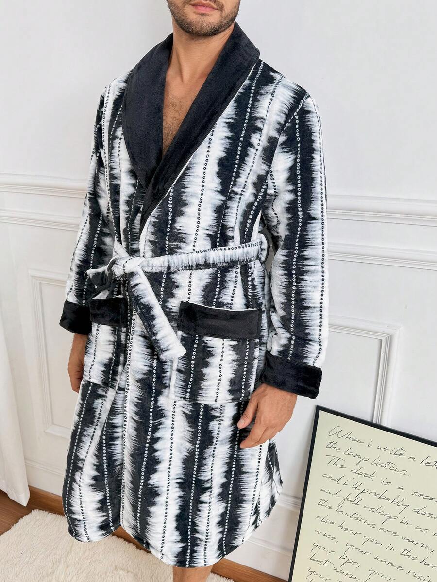 Men's Striped Casual Thermal Lined Open Front Robe With Belt, Shawl Collar, Loose Fit, British Gentleman Style Flannel Loungewear, Autumn/Winter - Dark Grey - View 1
