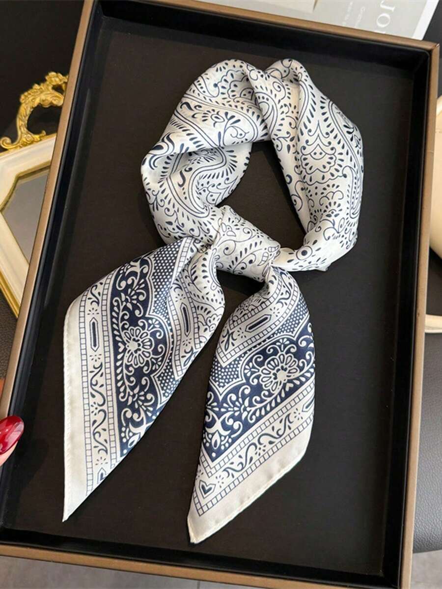 1件仿絲印花正方形圍巾 頭巾髮帶 時尚多功能小領巾 適合日常使用 - 彩色 - 查看 1
