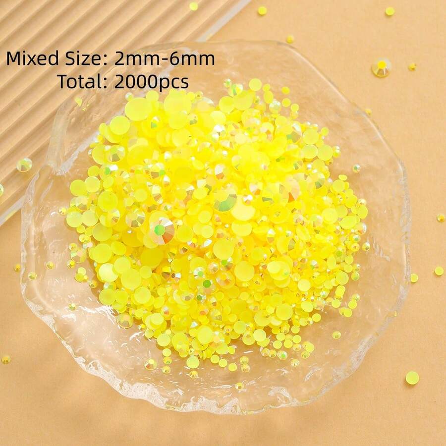 2MM-6MM 混合尺寸 2000顆/包 圓形平底樹脂水鑽 糖果 AB 色亮面亮片 DIY 寶石水鑽裝飾 黏貼珠飾,適用於衣服、包包、鞋子、馬克杯、瓶子、保溫杯、手機、DIY 配件 - 檸檬黃49 - 查看 1
