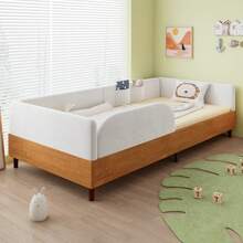 إطار سرير للأطفال بتصميم من المخمل والخشب، حديث 90x200 سم مع 2 درج - طبيعي وأبيض - مشاهدة 3