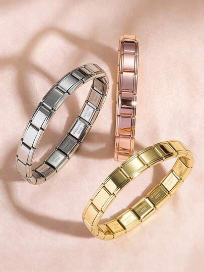 1pc Minimalist Classic Square Tile Elastic Bracelet, Polished Stainless Steel Stackable Bracelet, Simple Unisex Daily Wear Bracelet, DIY Stainless Steel Elastic Bracelet Wholesale