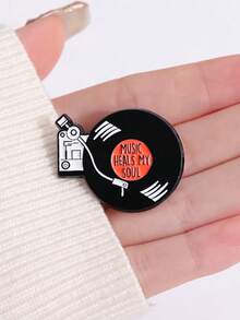1pc Vintage Vinyl Record Player Enamel Brooch Music Heals My Soul Text Pin Nostalgic Music Badge Backpack Clothing Accessory Music Lover Gift - Multicolor - View 9