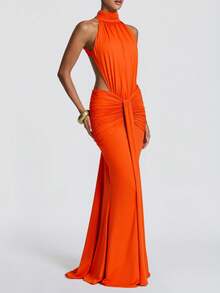 Elegante abito estivo lungo aderente con schiena scoperta, abito sexy senza maniche da donna per feste, discoteca, matrimonio, vacanza e autunno - Arancia Bruciata - Visualizzare 6