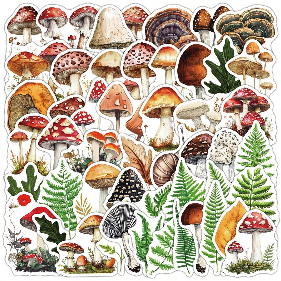 50Pcs Mushroom Stickers Scrapbook Aesthetic Stickers Funny Fall Forest Nature Stickers Decorations Dirt Bike Stickers Vinyl Waterproof Stickers For Water Bottle,Computer,Laptop,Phone,Luggage,Notebook,Fridge