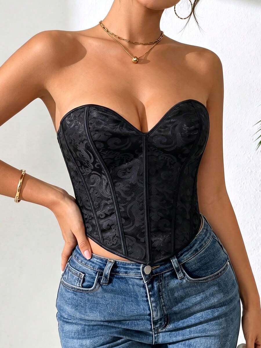 Black Jacquard Fitted Corset Top - Romantic Vacation Essential, Perfect For Beach And Brunch Days - Black - View 1