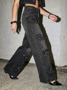 Women's Vintage Fashion Washed Black Straight Leg Jeans, Patchwork Design, Button And Zipper Fly, Y2K Style - Black - View 4
