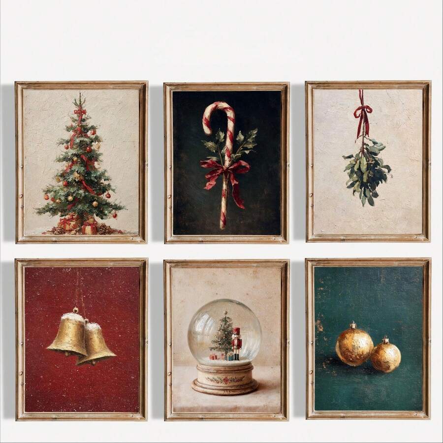 6pcs Frameless Vintage Christmas Canvas Art, Christmas Tree, Candy Cane, Snow Globe, Gold Decor Wall Art, Suitable For Living Room, Fireplace, Entryway, Kitchen, Farmhouse, Cabin - A - View 1