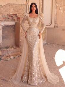 Faeriesty Elegant Square Neckline Tulle Overlay Mermaid Hem Beaded Formal Gown And Evening Dress Party Wedding Vacation Fall - Champagne - View 4