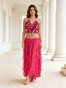 Professional Belly Dance Sequin Coin Fringe Halter Crop Top, Elastic Waist Side Slit Layered Chiffon Skirt For Dance Training, Stage Shows And Competitions - Multicolor - View 6