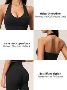 TimeOff Women's One Set Solid Color Halter V-Neck Cropped Tank Top & High Waist Mid-Length Shorts Sports Set - Black - View 4