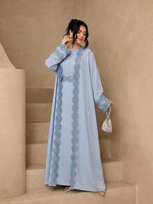 時尚百搭純色女款 4 件套優雅無袖長袍 + Abaya 開襟長袍 + 圍巾 + 蕾絲腰帶套裝，親膚柔軟防曬穆斯林服飾披肩 - 淺藍色 - 查看 4