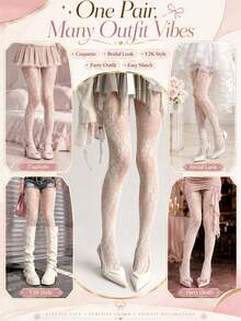 1 Pair Women's White Floral Lace Fishnet Tights, Elegant Sheer Mesh Hollow Out Pantyhose, Decorated With Romantic Floral Pattern, Soft Elastic Lace Socks, Suitable For Playful Outfits, Ballet Style, Bridesmaid Party, Date Night, Graduation Ball, Wedding Guest, Pair With Skirts And Dresses, Photogenic Fashion Leg Accessory - A - View 5