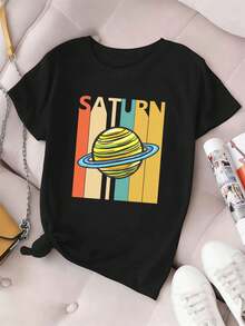 Vintage Saturn Graphic Women's T-Shirt, Fall, Crew Neck, Relaxed Fit, Casual, Comfortable Fit, Unique Graphic Print - Black - View 2