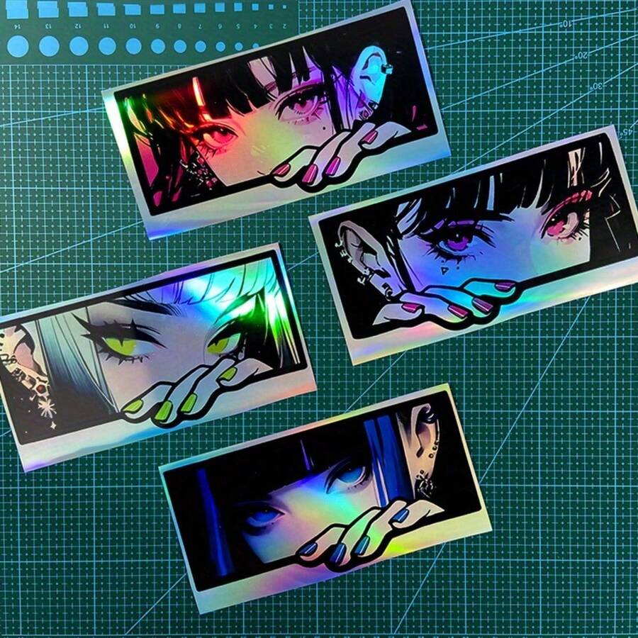 2 Styles Long Anime Eye Decorative Stickers - Holographic Car Decals, Glossy, Waterproof, UV Resistant, Scratch-Resistant Vinyl Stickers - Suitable For Cars, Motorcycles, Laptops - Perfect Anime Gift For Girls And Boys, Anime Car Accessories, Eye-Catching Design - Multicolor - View 1