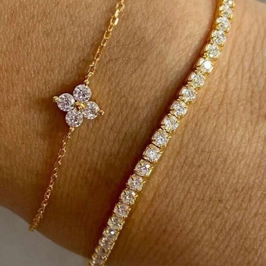 2pcs Fashion Lucky Clover Zirconia Inlaid Premium Layered Versatile Bracelet - 2pcs Gold - View 1