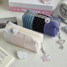 1pc Pudding Three-Color Large Capacity Pencil Case, Ins Style Patchwork Polka Dot Korean Student Canvas Storage Bag, Portable Polka Dot Plaid Organizer - Color Matching - View 1