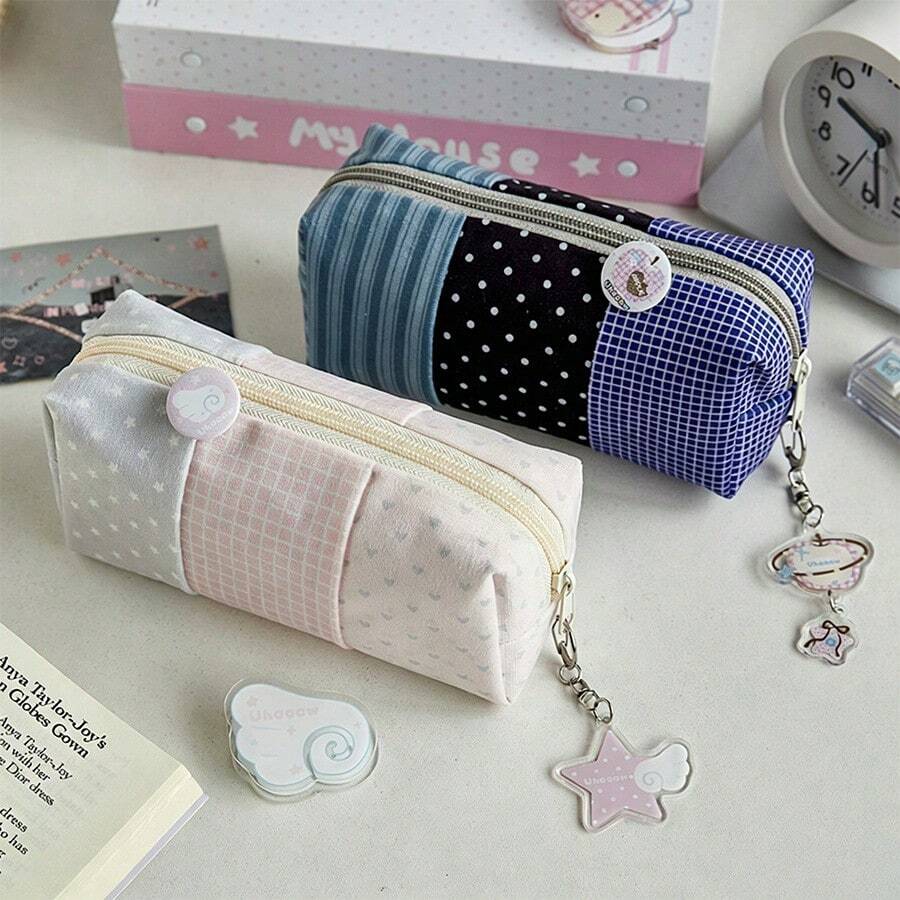 1pc Pudding Three-Color Large Capacity Pencil Case, Ins Style Patchwork Polka Dot Korean Student Canvas Storage Bag, Portable Polka Dot Plaid Organizer - Color Matching - View 1